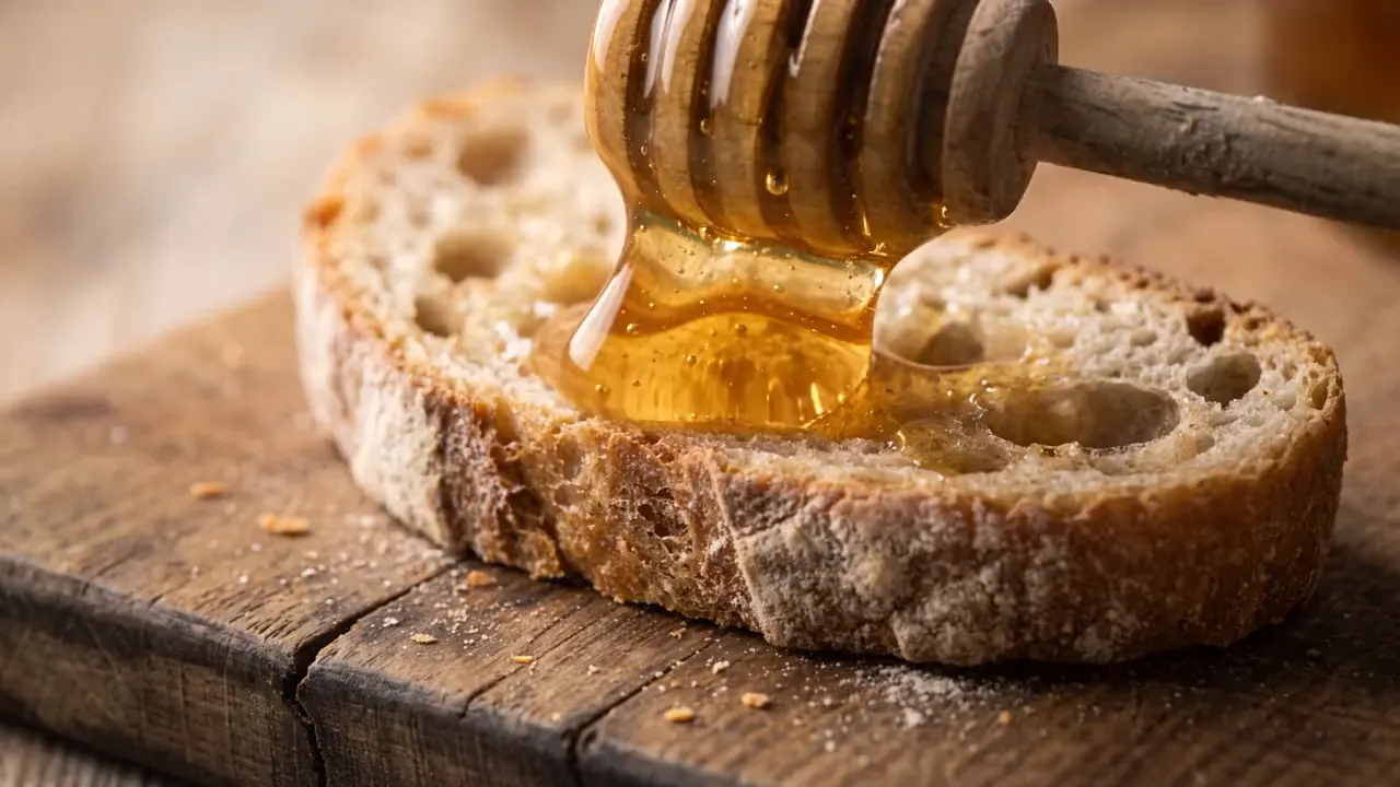 Honig fließt vom Holzlöffel auf eine Scheibe Bauernbrot